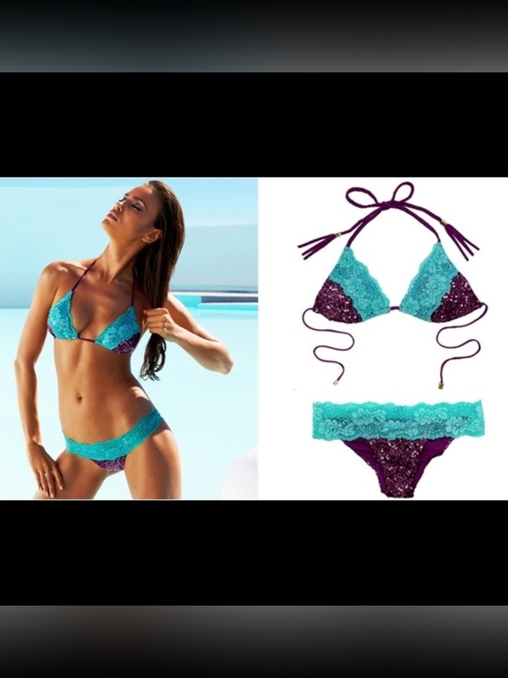 Beach Bunny Teal and Purple Lace Trim Bikini